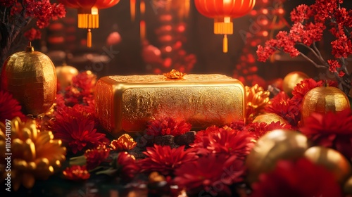 A vibrant display of traditional decorations featuring a golden block, red flowers, and lanterns, celebrating cultural heritage and festivities with rich colors and intricate detai