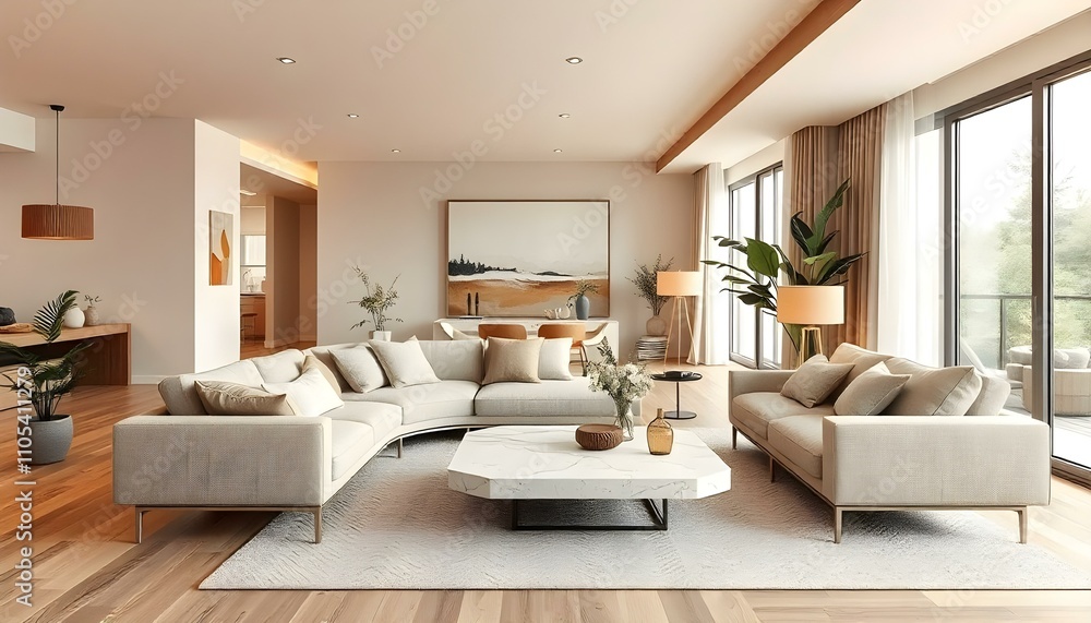 Design a modern, open-concept living room with a cozy and minimalist Design a modern, open-concept living room with a cozy and minimalist
