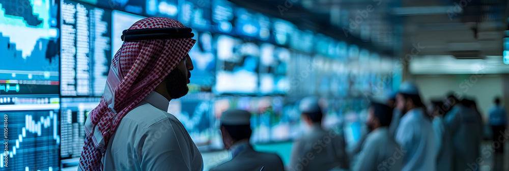Man in Traditional Attire Observes Financial Data on Numerous Screens in a Modern Setting Man in Traditional Attire Observes Financial Data on Numerous Screens in a Modern Setting