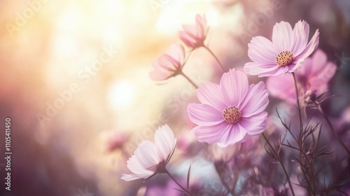 Pink and white cosmos flowers blooming in a summer garden, soft-focus effect, bright and cheerful atmosphere, celebrating the beauty of nature.