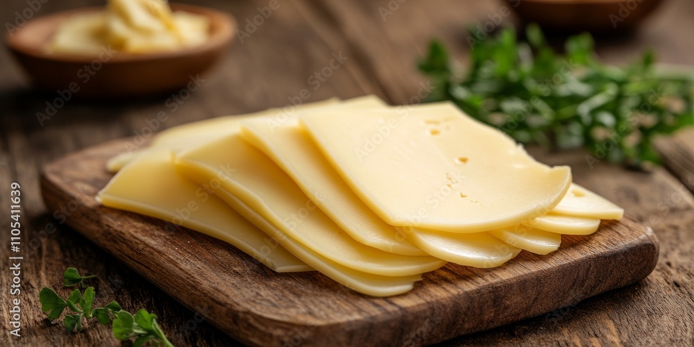 Sliced cheese arranged beautifully on a cutting board on a wooden table, highlighting the texture and freshness of the sliced cheese, perfect for culinary presentations and delicious meals. Sliced cheese arranged beautifully on a cutting board on a wooden table, highlighting the texture and freshness of the sliced cheese, perfect for culinary presentations and delicious meals.