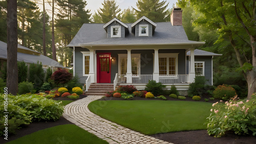 Arafed house with a red door and a brick pathway leading to the front door