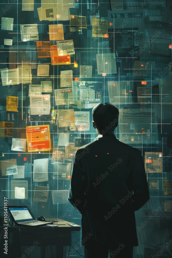 Calm crisis manager at a computer screen, processing data from social media Calm crisis manager at a computer screen, processing data from social media