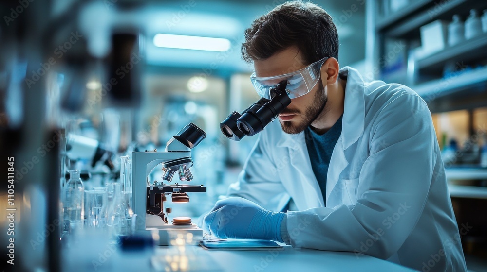 Scientist in Lab Examining Sample Through Microscope Researching Biology Scientist in Lab Examining Sample Through Microscope Researching Biology