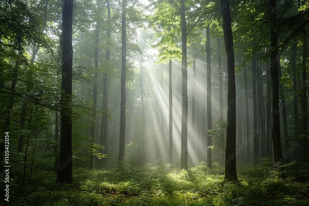 Sun rays piercing through serene forest canopy Sun rays piercing through serene forest canopy