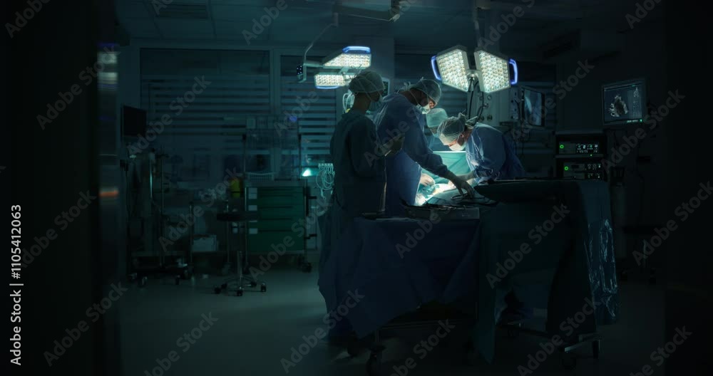 Diverse Surgical Team Working in a Darkened Operating Room Surrounded by Advanced Medical Equipment. Female Doctor Using a Scalpel and a Laparoscope while Performing a Complex Surgery Diverse Surgical Team Working in a Darkened Operating Room Surrounded by Advanced Medical Equipment. Female Doctor Using a Scalpel and a Laparoscope while Performing a Complex Surgery