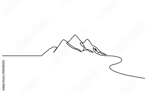 One continuous line drawing of mountain range landscape, Mountains. One line drawing vector illustration, Mountain, Iceberg Continuous Line Icon.