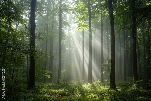 Sun rays piercing through serene forest canopy