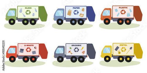 Recycling trucks parked in a line ready for collection of various materials