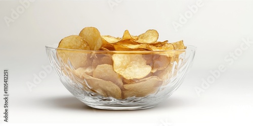 Potato chips in a clear glass bowl, showcased against a white background. This high resolution image of potato chips captures their detail with full depth of field for an appealing presentation. photo