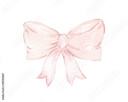 Watercolor pink bow. Girly pink ribbon bow in pastel colors. Vintage fancy bow, ribbon accessory. Cute design and decoration. Single element, hand drawn illustration.