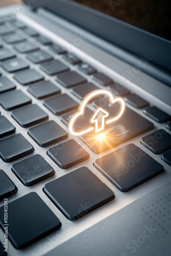 Obraz na płótnie laptop keyboard with glowing cloud upload icon, symbolizing technology and data transfer