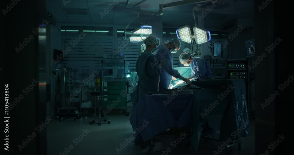 Male and Female Surgical Team Working on a Critical Operation in a Dark Room, Each Hospital Member Focusing on Their Role to Keep the Procedure Moving Forward and Patient Alive and Healthy Male and Female Surgical Team Working on a Critical Operation in a Dark Room, Each Hospital Member Focusing on Their Role to Keep the Procedure Moving Forward and Patient Alive and Healthy