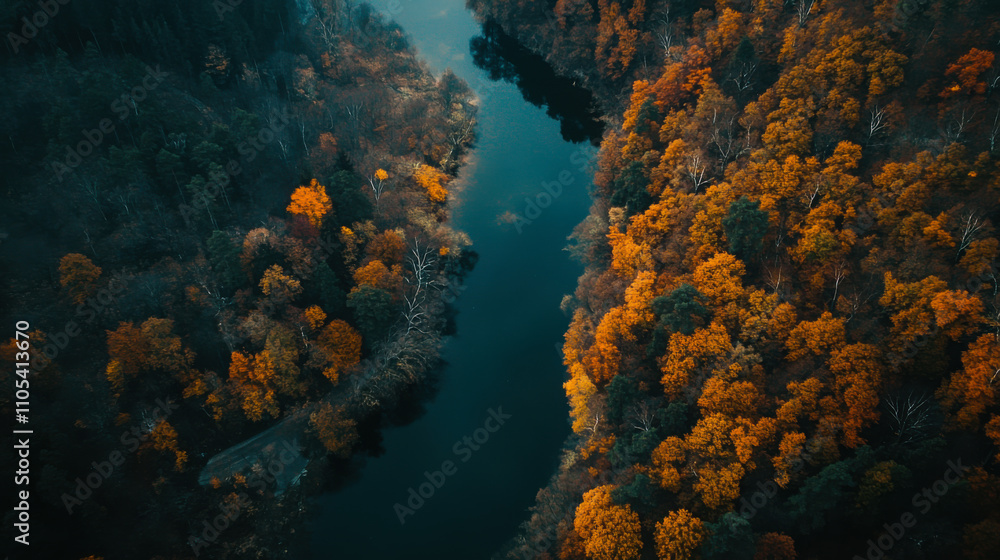 Obraz premium Autumn river meandering through vibrant forest in tranquil landscape captured from above during golden hour