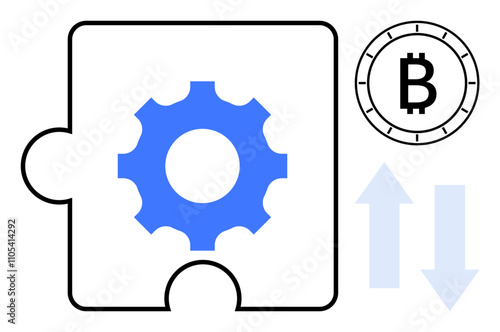 Puzzle piece with blue gear, Bitcoin symbol within circle, light blue and white exchange arrows pointing up and down. Ideal for cryptocurrency, finance, investment, blockchain, technology, strategy