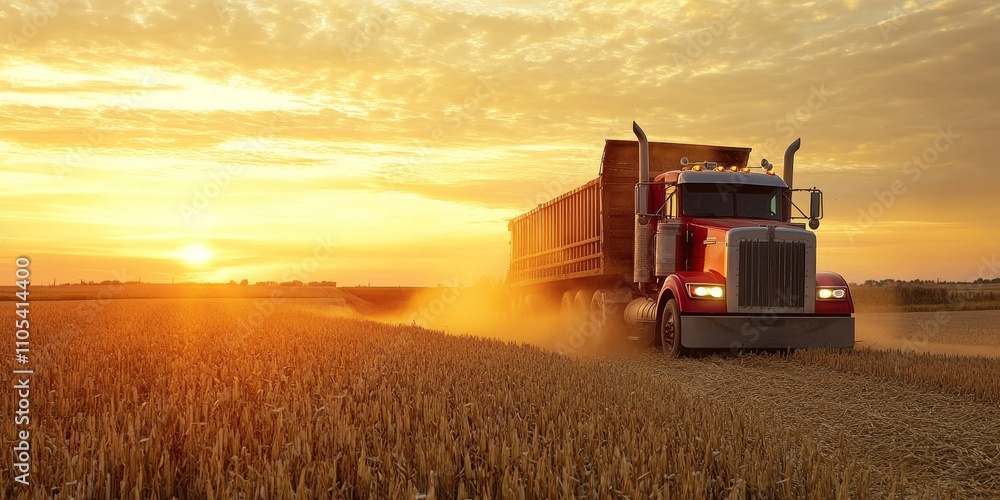 Fototapeta premium Semi truck being loaded with grain during the harvest season. The semi truck efficiently transports grain, showcasing the vital role it plays in the harvest process. Harvest time is essential for