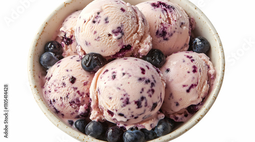 Close-up of a bowl filled with scoops of blueberry ice cream, surrounded by fresh blueberries, creating a visually appealing and refreshing summer dessert.