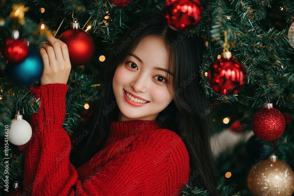 Festive Asian Woman Decorating Christmas Tree Winter Holiday Cheer Festive Asian Woman Decorating Christmas Tree Winter Holiday Cheer