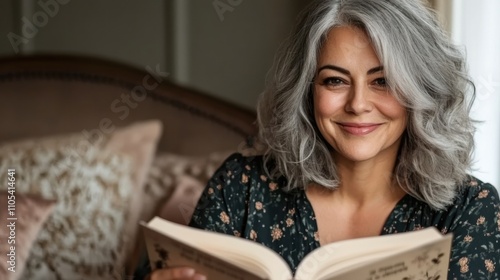 Serene Middle-Aged Woman Reading in Room, selective focus