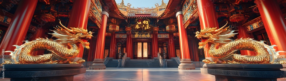 A breathtaking view of a traditional temple featuring intricate dragon statues A breathtaking view of a traditional temple featuring intricate dragon statues