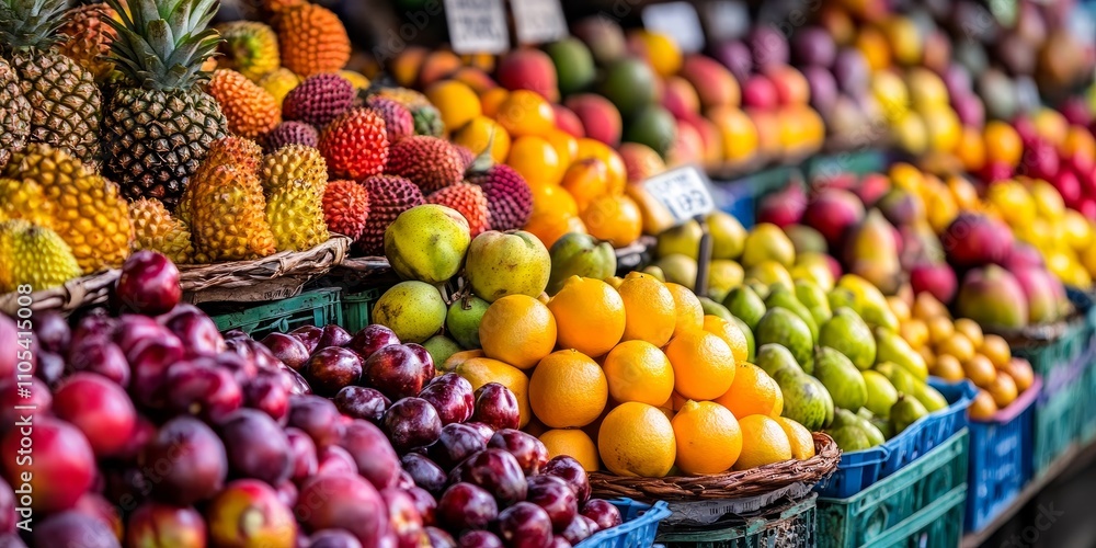 Colorful fruit stand details showcase a vibrant selection of exotic fruit at a lively farmer market. This fresh food market offers unique fruit options, making it a standout attraction for visitors Colorful fruit stand details showcase a vibrant selection of exotic fruit at a lively farmer market. This fresh food market offers unique fruit options, making it a standout attraction for visitors