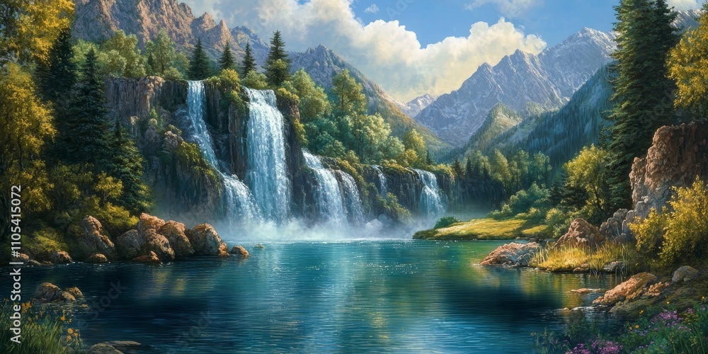 Fototapeta premium Waterfall cascading beautifully into a serene lake, showcasing the stunning charm of waterfall landscapes and nature s artistry, perfect for those who admire majestic waterfall scenes.