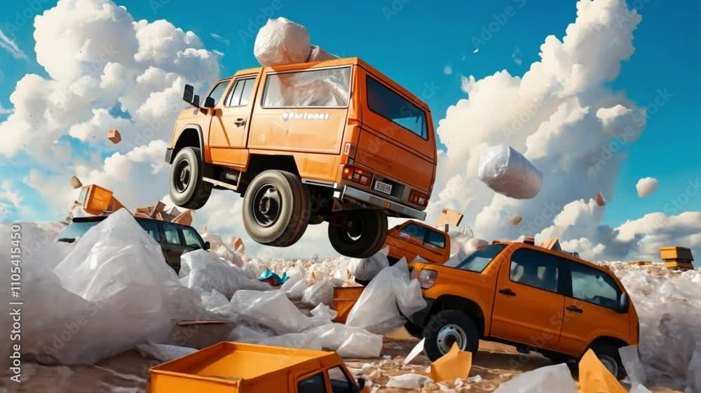 A surreal scene of a truck flying over trash and floating clouds. A surreal scene of a truck flying over trash and floating clouds.