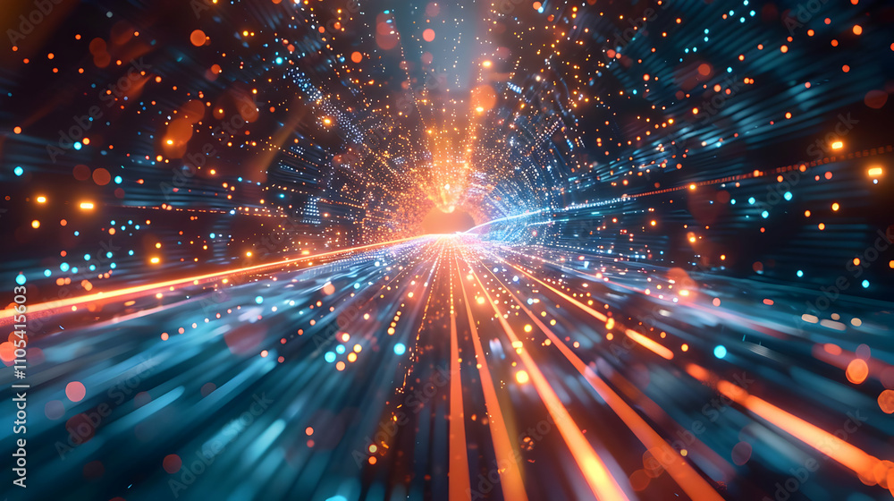 Fototapeta premium Abstract 3D digital tunnel background with glowing blue and orange lines, particles and bokeh lights, radiating energy and speed.
