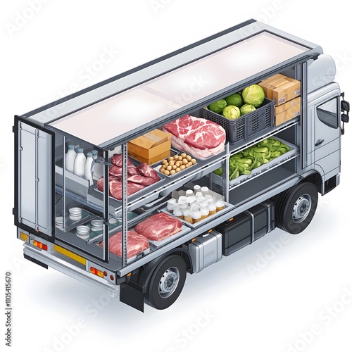 A detailed illustration of a refrigerated food truck loaded with fresh meats, dairy products, and vegetables, showcasing the importance of proper food transportation and storage.