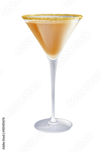 Close-up of New Year's Eve cocktail with gold sugar rim, isolated with no background, festive.