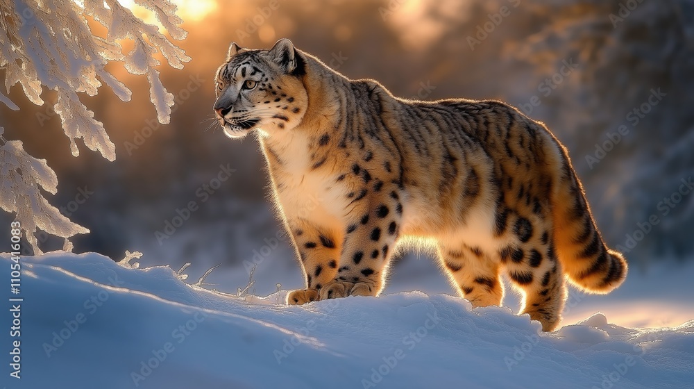 Obraz premium Snow Leopard on Snowy Ridge at Sunrise in Winter Wilderness
