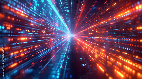 Abstract 3D Digital Data Stream Tunnel Background Illustration with Glowing Red and Blue Lines Converging Towards a Bright Center