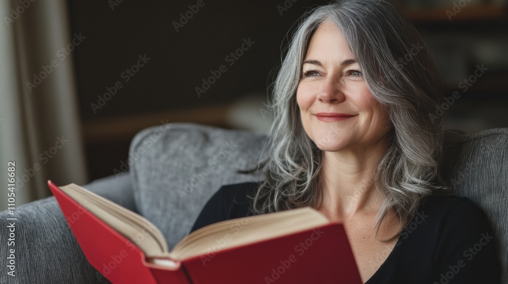 Serene Middle-Aged Woman Reading in Room, selective focus Serene Middle-Aged Woman Reading in Room, selective focus