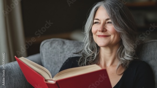 Serene Middle-Aged Woman Reading in Room, selective focus