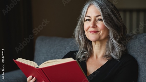 Serene Middle-Aged Woman Reading in Room, selective focus