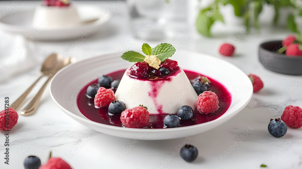Vanilla Bean Panna Cotta with Berry Coulis and Gold Leaf, Italian Dessert Photography Vanilla Bean Panna Cotta with Berry Coulis and Gold Leaf, Italian Dessert Photography
