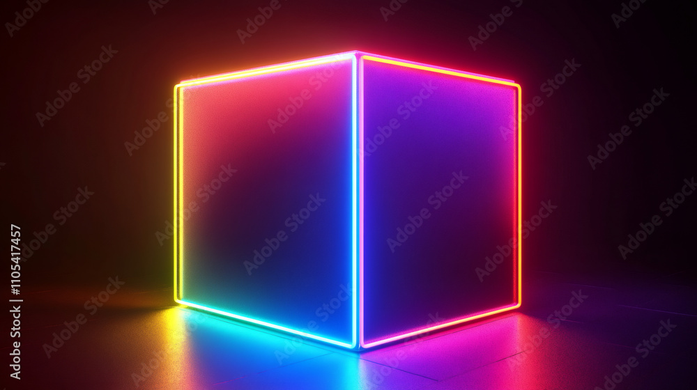 Vibrant neon cube illuminating a dark space with futuristic and colorful vibes Vibrant neon cube illuminating a dark space with futuristic and colorful vibes