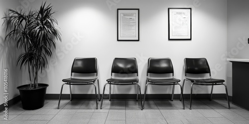 Waiting room featuring chairs and a potted plant in black and white, creating a calming atmosphere in a doctor s office. The black and white design enhances the waiting room s appeal. photo