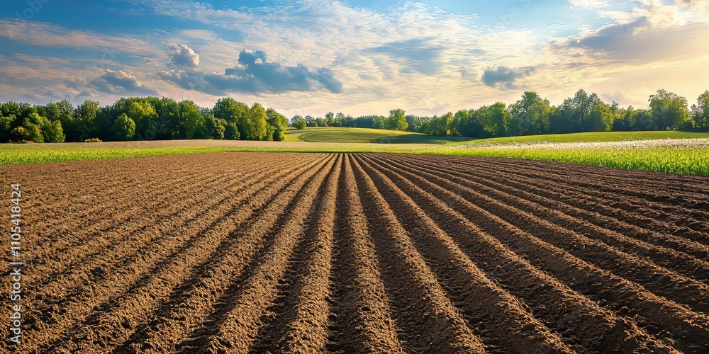 Obraz premium Plowed agricultural field prepared for grain sowing, showcasing a well structured plowed field during the summer season, ideal for showcasing agricultural practices and processes.