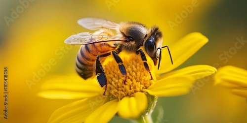 A bee gathers honey from the vibrant yellow flower of a perennial plant, showcasing the essential role bees play in pollination and honey production in nature s delicate ecosystem. photo