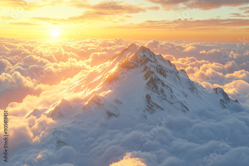 Breathtaking mountain scene: Snowy summit illuminated by the setting sun