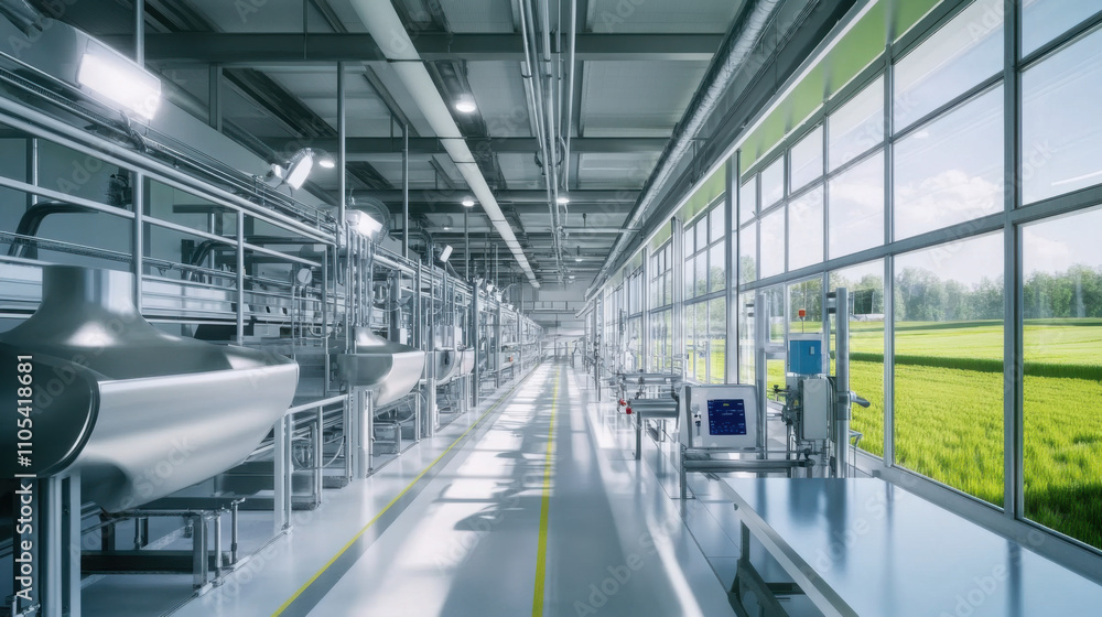 Modern Industrial Facility Showing Advanced Machinery and Equipment in a Production Environment with Natural Light and Greenery Outside Modern Industrial Facility Showing Advanced Machinery and Equipment in a Production Environment with Natural Light and Greenery Outside