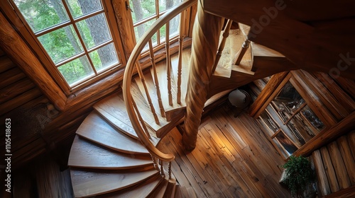 A wooden spiral staircase in a log cabin.