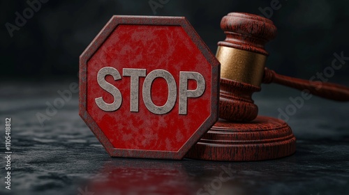 Red Stop Sign Beside Wooden Gavel on Dark Background