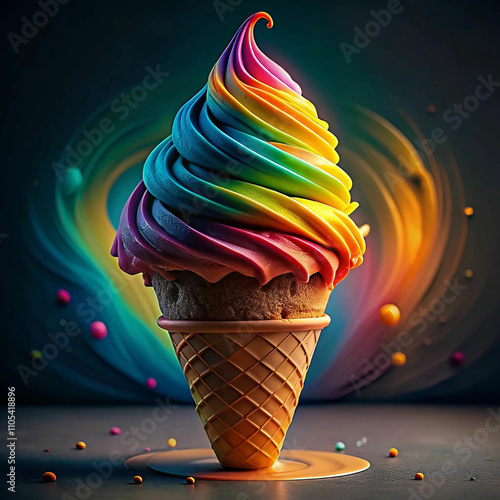 A close-up of a creative concept featuring an ice cream cone with colorful scoops