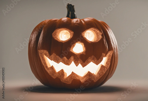 Halloween pumpkin lantern with carved face and glowing eyes isolated on white transparent background photo