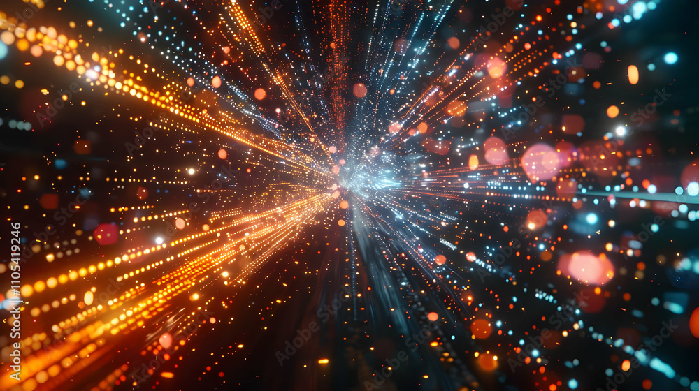 Fototapeta premium Abstract 3D Digital Art: Glowing Particles Converge in a Dynamic, Energetic Burst of Light and Color, Creating a Vivid and Hypnotic Visual Experience.