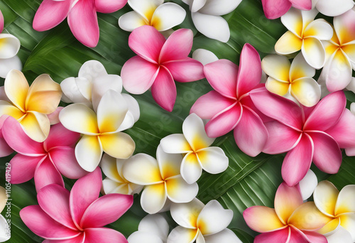 Hawaii Long Seamless Garland of Pastel Frangipani Flowers isolated on white transparent background e