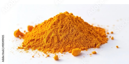 Turmeric powder displayed against a clean white background, showcasing the vibrant color and fine texture of turmeric powder, perfect for culinary or health related uses of turmeric powder. photo