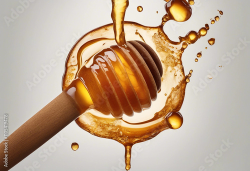 Honey Stick Top View with Honey Drizzle Isolated on White Transparent Background Element Wooden hone